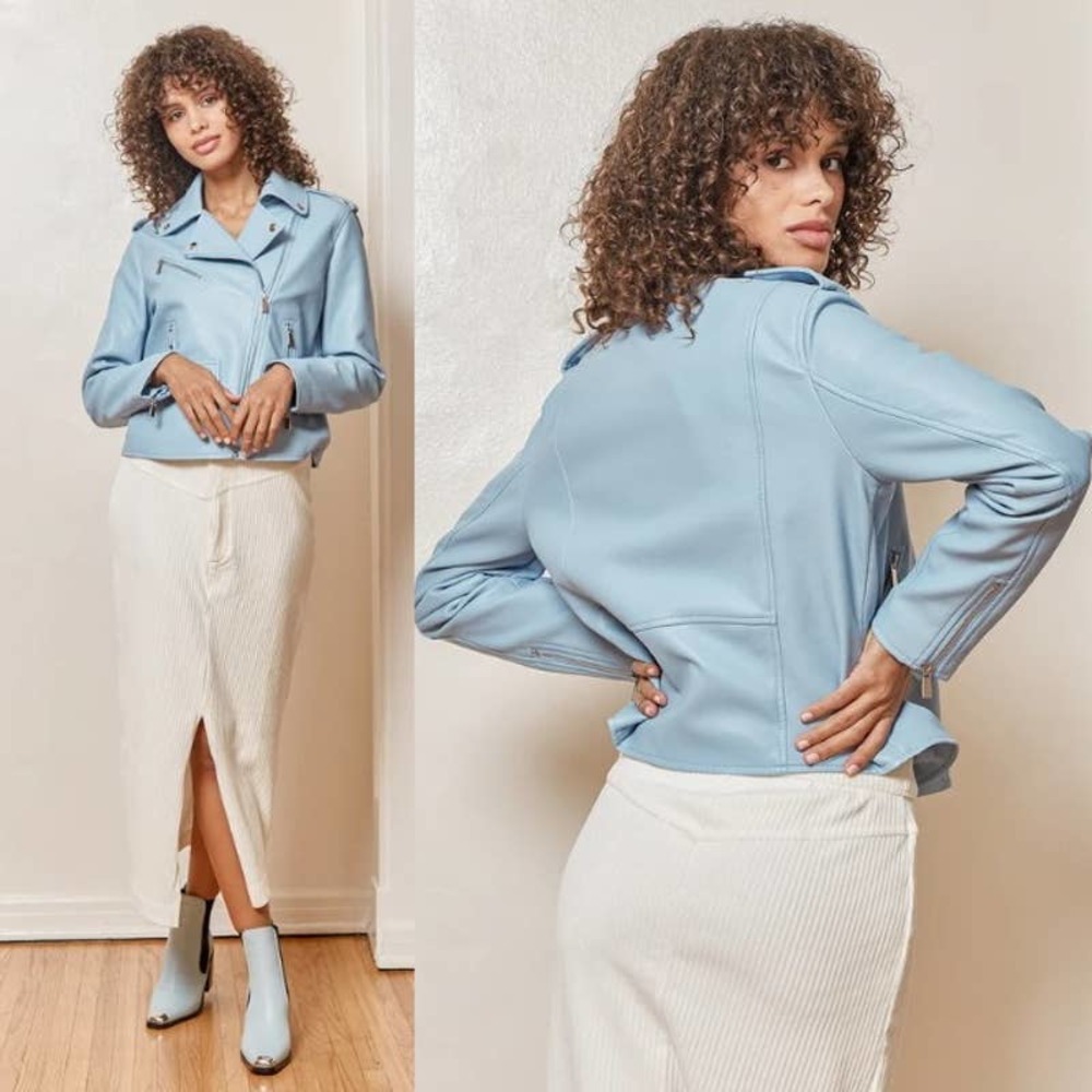 Lulus NWT Out for the Night Vegan Faux Leather Moto Jacket Chambray Blue Size M